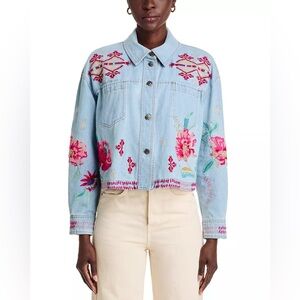 Johnny Was -Talulla Embroidered Colorful Floral Denim Button Down Crop Jacket XL